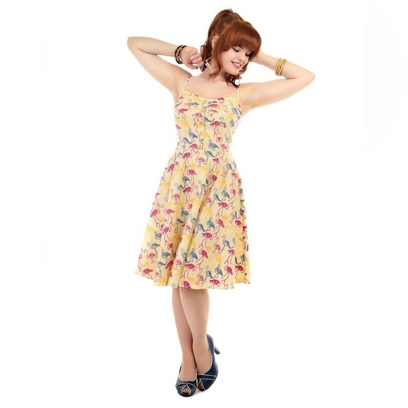 Collectif Retro Flamingo Novelty Swing Fit & Flare Yellow Blue Pink Dress 4XL - Picture 1 of 16